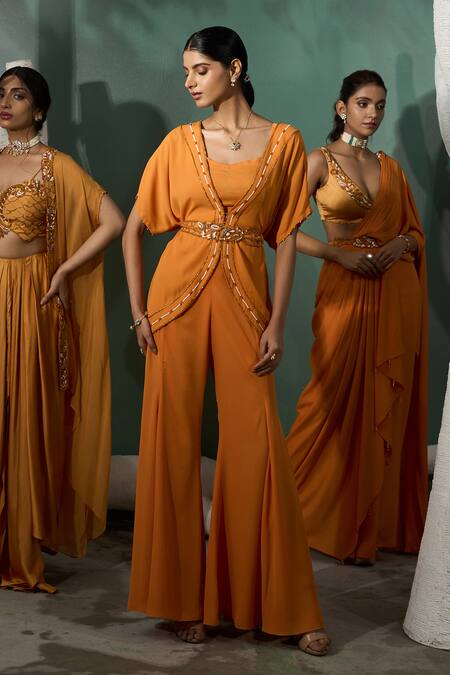 Shop One Knot One By Ashna Yellow Georgette Cut Work, Marigold Bloom Embroidered Tunic Flared Pant Set Online at Aza Fashions Shop_One Knot One By Ashna_Yellow Georgette Cut Work, Marigold Bloom Embroidered Tunic Flared Pant Set _Online_at_Aza_Fashions