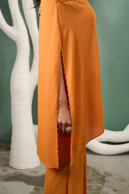 Shop One Knot One By Ashna Yellow Georgette Marigold Bloom Embroidered Draped Tunic Flared Pant Set Online at Aza Fashions Shop_One Knot One By Ashna_Yellow Georgette Marigold Bloom Embroidered Draped Tunic Flared Pant Set _Online_at_Aza_Fashions