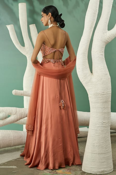 One Knot One By Ashna Peach Tulle, Satin, Crepe, Organza Cut Work, Peony Bloom Applique Lehenga Set Online at Aza Fashions One Knot One By Ashna_Peach Tulle, Satin, Crepe, Organza Cut Work, Peony Bloom Applique Lehenga Set _Online_at_Aza_Fashions