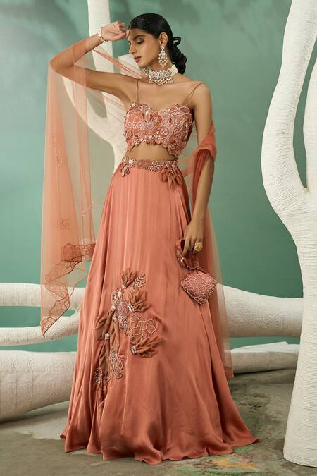Buy One Knot One By Ashna Peach Tulle, Satin, Crepe, Organza Cut Work, Peony Bloom Applique Lehenga Set Online at Aza Fashions Buy_One Knot One By Ashna_Peach Tulle, Satin, Crepe, Organza Cut Work, Peony Bloom Applique Lehenga Set _Online_at_Aza_Fashions