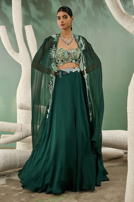 One Knot One By Ashna Green Viscose Organza Embroidery Bullian Knot Forest Flora Jacket Lehenga Set 