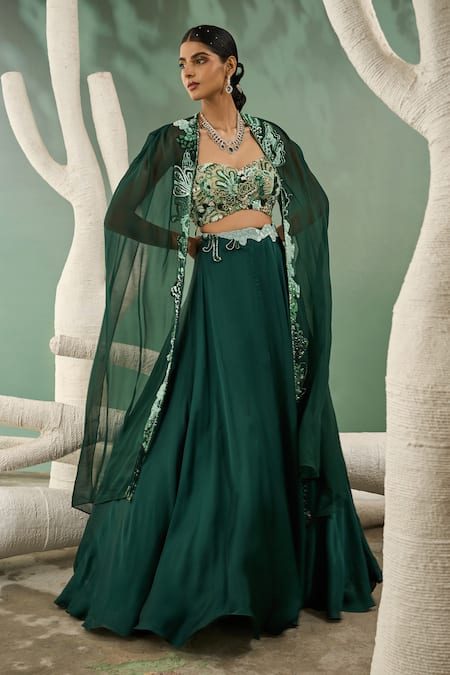One Knot One By Ashna Green Satin, Organza, Crepe Embroidery, Beads Forest Flora Jacket Lehenga Set Online at Aza Fashions One Knot One By Ashna_Green Satin, Organza, Crepe Embroidery, Beads Forest Flora Jacket Lehenga Set _Online_at_Aza_Fashions