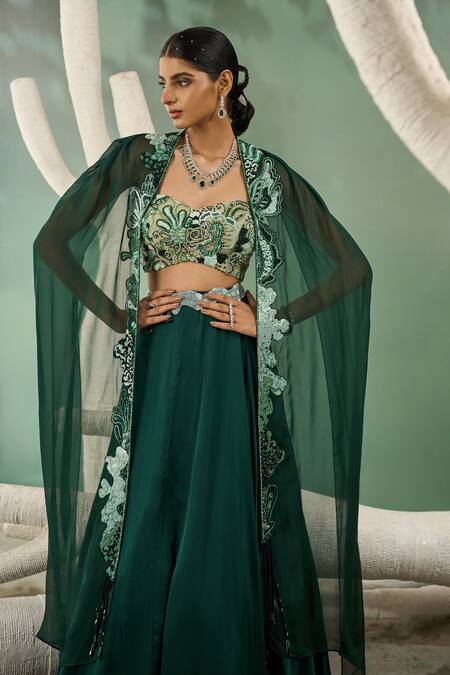 Shop One Knot One By Ashna Green Satin, Organza, Crepe Embroidery, Beads Forest Flora Jacket Lehenga Set Online at Aza Fashions Shop_One Knot One By Ashna_Green Satin, Organza, Crepe Embroidery, Beads Forest Flora Jacket Lehenga Set _Online_at_Aza_Fashions