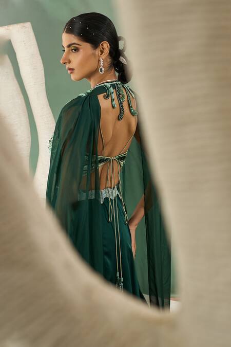 One Knot One By Ashna Green Satin, Organza, Crepe Embroidery, Beads Forest Flora Jacket Lehenga Set at Aza Fashions One Knot One By Ashna_Green Satin, Organza, Crepe Embroidery, Beads Forest Flora Jacket Lehenga Set _at_Aza_Fashions