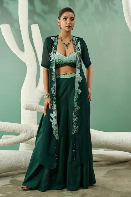 One Knot One By Ashna Green Viscose Organza Embroidery Fantasy Flora Applique Work Jacket Sharara Set 