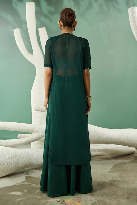 One Knot One By Ashna Green Crepe, Viscose, Silk Cut Work, Fantasy Flora Applique Jacket Sharara Set Online at Aza Fashions One Knot One By Ashna_Green Crepe, Viscose, Silk Cut Work, Fantasy Flora Applique Jacket Sharara Set _Online_at_Aza_Fashions