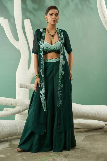 Buy One Knot One By Ashna Green Crepe, Viscose, Silk Cut Work, Fantasy Flora Applique Jacket Sharara Set Online at Aza Fashions Buy_One Knot One By Ashna_Green Crepe, Viscose, Silk Cut Work, Fantasy Flora Applique Jacket Sharara Set _Online_at_Aza_Fashions