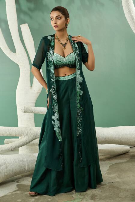 Shop One Knot One By Ashna Green Crepe, Viscose, Silk Cut Work, Fantasy Flora Applique Jacket Sharara Set Online at Aza Fashions Shop_One Knot One By Ashna_Green Crepe, Viscose, Silk Cut Work, Fantasy Flora Applique Jacket Sharara Set _Online_at_Aza_Fashions