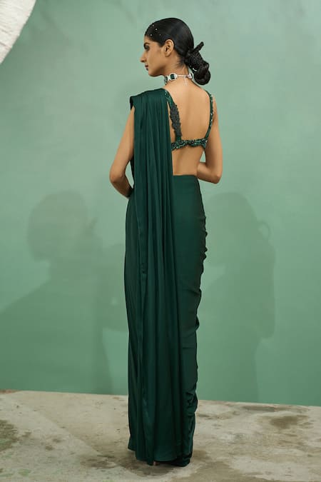 One Knot One By Ashna Green Viscose, Chiffon Cut Work, Bahar Applique Pre Draped Saree With Blouse Online at Aza Fashions One Knot One By Ashna_Green Viscose, Chiffon Cut Work, Bahar Applique Pre Draped Saree With Blouse _Online_at_Aza_Fashions