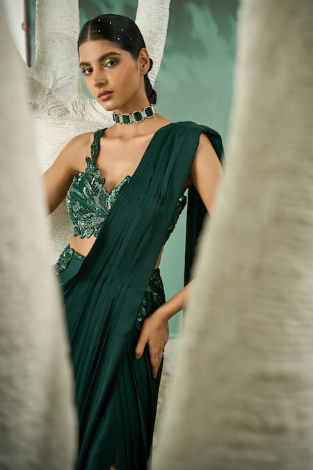Buy One Knot One By Ashna Green Viscose, Chiffon Cut Work, Bahar Applique Pre Draped Saree With Blouse Buy_One Knot One By Ashna_Green Viscose, Chiffon Cut Work, Bahar Applique Pre Draped Saree With Blouse