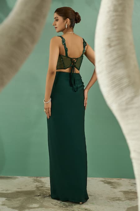 One Knot One By Ashna Green Viscose, Chiffon Embroidery, Forest Corset Blouse With Draped Skirt Online at Aza Fashions One Knot One By Ashna_Green Viscose, Chiffon Embroidery, Forest Corset Blouse With Draped Skirt _Online_at_Aza_Fashions