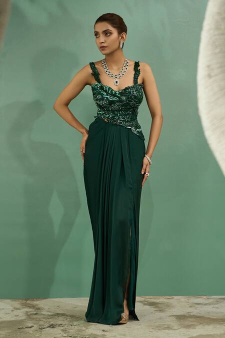 Buy One Knot One By Ashna Green Viscose, Chiffon Embroidery, Forest Corset Blouse With Draped Skirt Online at Aza Fashions Buy_One Knot One By Ashna_Green Viscose, Chiffon Embroidery, Forest Corset Blouse With Draped Skirt _Online_at_Aza_Fashions