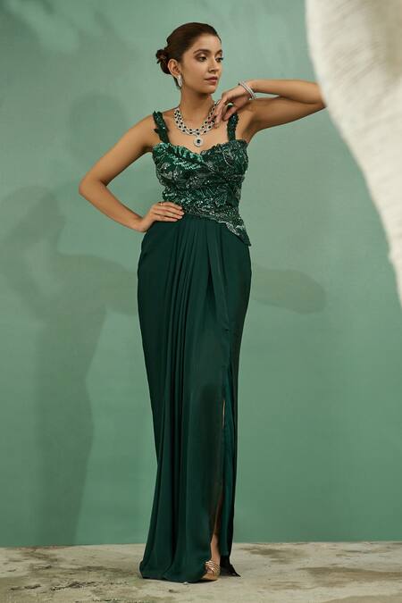 Shop One Knot One By Ashna Green Viscose, Chiffon Embroidery, Forest Corset Blouse With Draped Skirt Online at Aza Fashions Shop_One Knot One By Ashna_Green Viscose, Chiffon Embroidery, Forest Corset Blouse With Draped Skirt _Online_at_Aza_Fashions