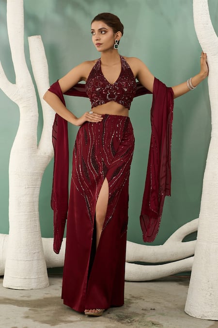 One Knot One By Ashna Maroon Chiffon Satin Embroidery Resham Halter Neck Sequin Fern Top Skirt Set 