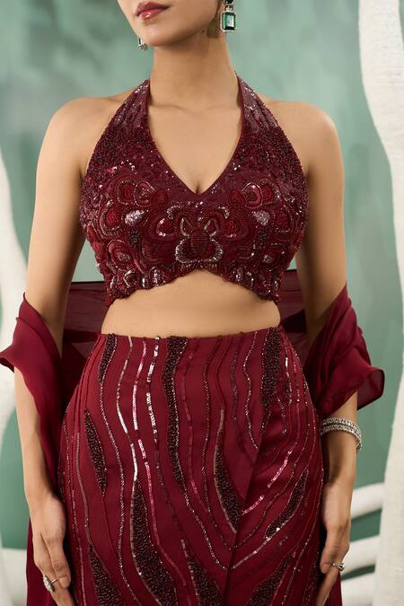 Shop One Knot One By Ashna Maroon Chiffon, Satin Cut Work, Sequins, Beads Fern Embroidered Top Skirt Set Online at Aza Fashions Shop_One Knot One By Ashna_Maroon Chiffon, Satin Cut Work, Sequins, Beads Fern Embroidered Top Skirt Set _Online_at_Aza_Fashions