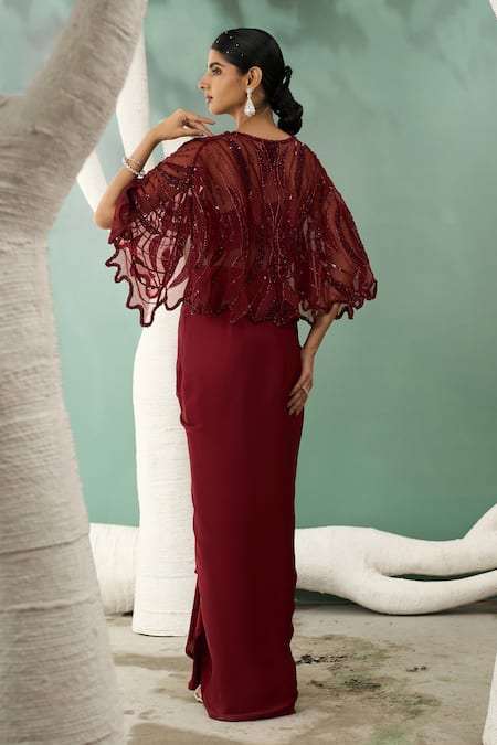 One Knot One By Ashna Maroon Silk Satin, Tulle, Crepe Sequins, Starla Bloom Shrug Draped Skirt Set Online at Aza Fashions One Knot One By Ashna_Maroon Silk Satin, Tulle, Crepe Sequins, Starla Bloom Shrug Draped Skirt Set _Online_at_Aza_Fashions