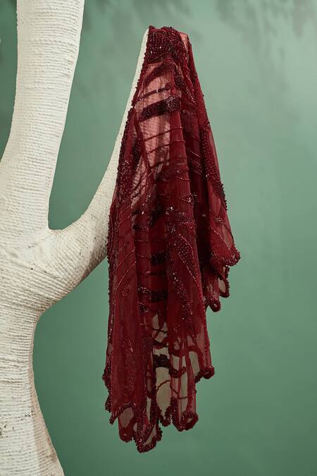 Buy One Knot One By Ashna Maroon Silk Satin, Tulle, Crepe Sequins, Starla Bloom Shrug Draped Skirt Set Online at Aza Fashions Buy_One Knot One By Ashna_Maroon Silk Satin, Tulle, Crepe Sequins, Starla Bloom Shrug Draped Skirt Set _Online_at_Aza_Fashions