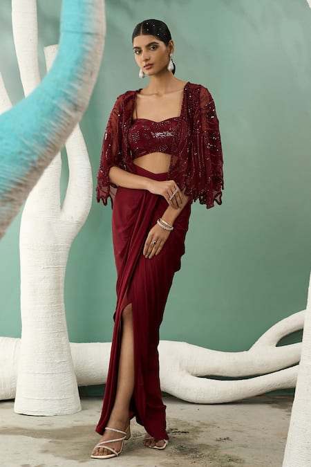 Shop One Knot One By Ashna Maroon Silk Satin, Tulle, Crepe Sequins, Starla Bloom Shrug Draped Skirt Set Online at Aza Fashions Shop_One Knot One By Ashna_Maroon Silk Satin, Tulle, Crepe Sequins, Starla Bloom Shrug Draped Skirt Set _Online_at_Aza_Fashions