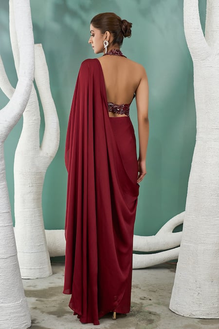 One Knot One By Ashna Ivy Vine Embroidered Pre Draped Saree Set 