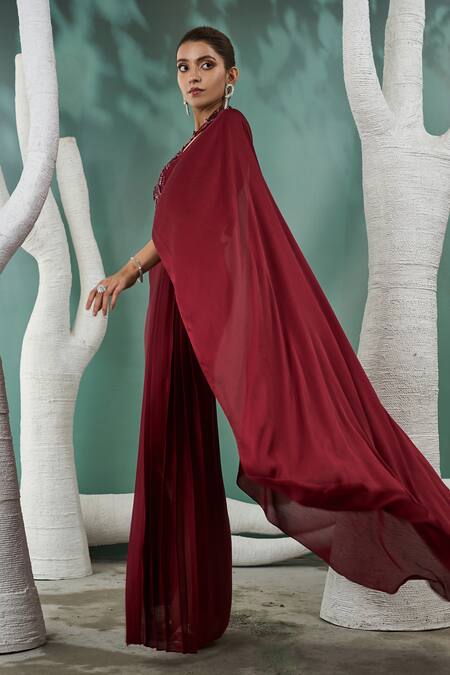 One Knot One By Ashna_Maroon Organza, Crepe, Chiffon Embroidery, Ivy Vine Pre Draped Saree Set _at_Aza_Fashions