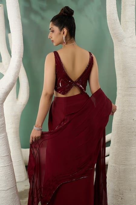 One Knot One By Ashna Maroon Viscose, Organza, Chiffon Stardust Embroidered Top Draped Skirt Set Online at Aza Fashions One Knot One By Ashna_Maroon Viscose, Organza, Chiffon Stardust Embroidered Top Draped Skirt Set _Online_at_Aza_Fashions