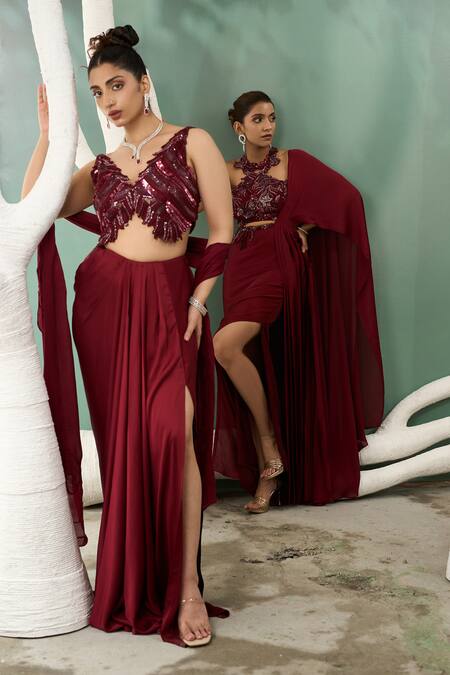 Buy One Knot One By Ashna Maroon Viscose, Organza, Chiffon Stardust Embroidered Top Draped Skirt Set Online at Aza Fashions Buy_One Knot One By Ashna_Maroon Viscose, Organza, Chiffon Stardust Embroidered Top Draped Skirt Set _Online_at_Aza_Fashions