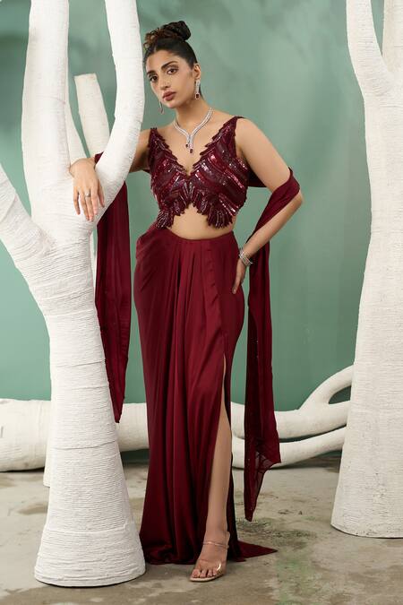 Shop One Knot One By Ashna Maroon Viscose, Organza, Chiffon Stardust Embroidered Top Draped Skirt Set Online at Aza Fashions Shop_One Knot One By Ashna_Maroon Viscose, Organza, Chiffon Stardust Embroidered Top Draped Skirt Set _Online_at_Aza_Fashions