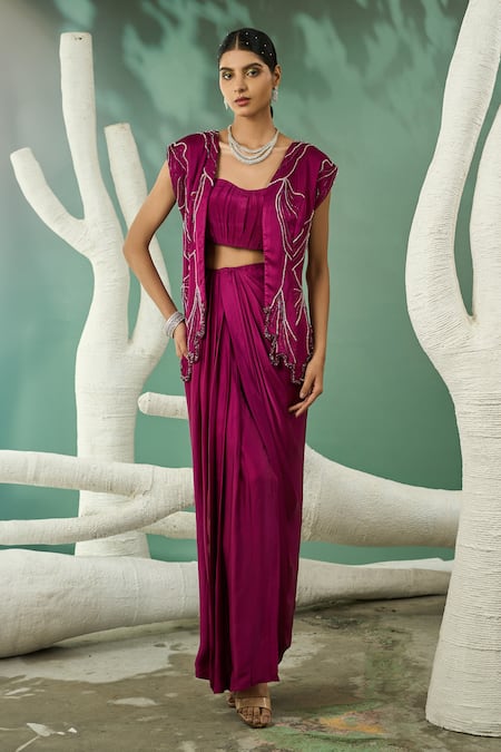 One Knot One By Ashna Wine Silk Satin Embroidery Cutdana Open Neck Plume Jacket Draped Skirt Set 