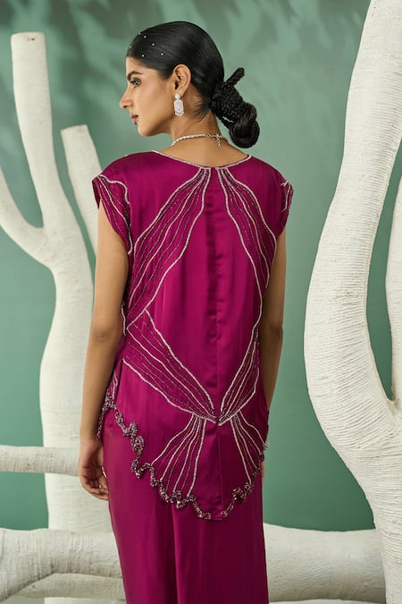 Shop_One Knot One By Ashna_Wine Silk Satin, Crepe Cut Plume Cutdana Embroidered Jacket Draped Skirt Set _at_Aza_Fashions