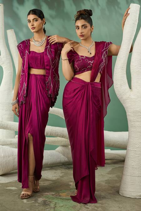 One Knot One By Ashna_Wine Silk Satin, Crepe Cut Plume Cutdana Embroidered Jacket Draped Skirt Set _Online_at_Aza_Fashions