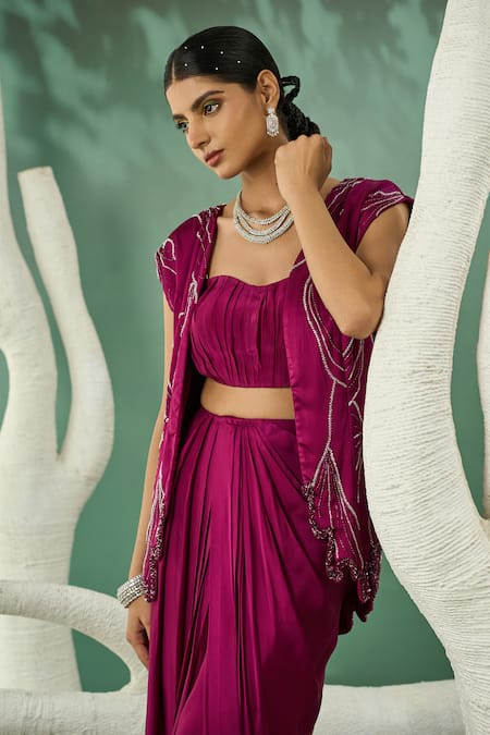 Shop_One Knot One By Ashna_Wine Silk Satin, Crepe Cut Plume Cutdana Embroidered Jacket Draped Skirt Set _Online_at_Aza_Fashions