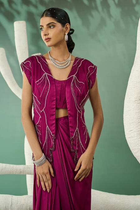 Buy_One Knot One By Ashna_Wine Silk Satin, Crepe Cut Plume Cutdana Embroidered Jacket Draped Skirt Set 