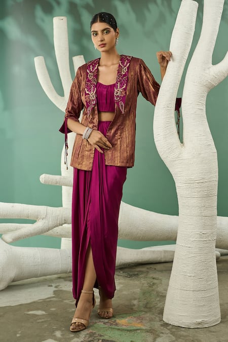 One Knot One By Ashna Wine Metallic Embroidery Zari Shawl Lapel Floral Blazer Draped Skirt Set 