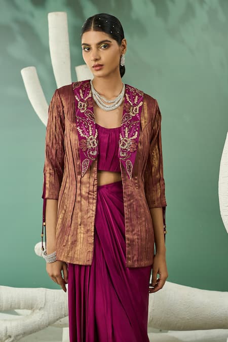 One Knot One By Ashna Wine Crepe, Silk Satin Floral Lapel Embroidered Metallic Blazer Draped Skirt Set Online at Aza Fashions One Knot One By Ashna_Wine Crepe, Silk Satin Floral Lapel Embroidered Metallic Blazer Draped Skirt Set _Online_at_Aza_Fashions