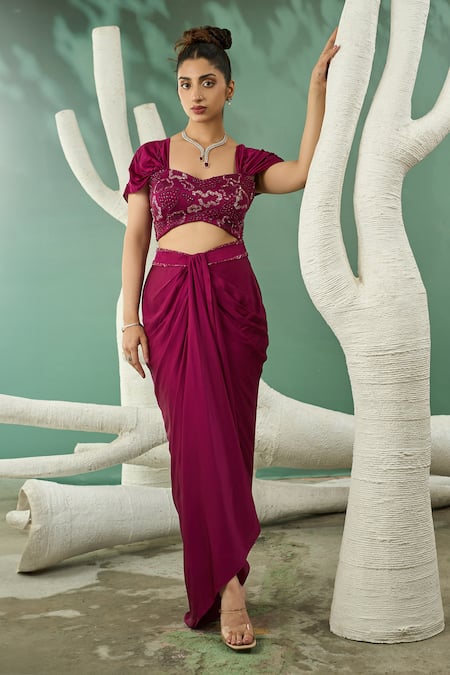 One Knot One By Ashna Wine Silk Satin Embroidery Zari Sweetheart Florence Blouse With Draped Skirt 