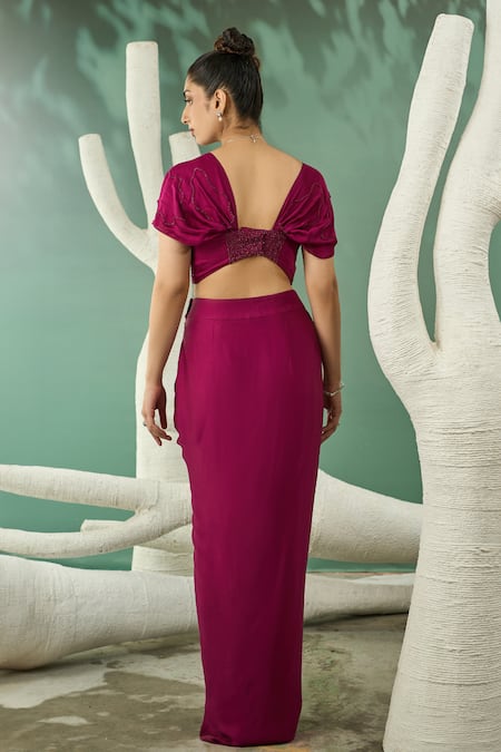 Shop One Knot One By Ashna Wine Silk Satin Cut Work, Sequins Florence Embroidered Blouse With Draped Skirt at Aza Fashions Shop_One Knot One By Ashna_Wine Silk Satin Cut Work, Sequins Florence Embroidered Blouse With Draped Skirt _at_Aza_Fashions
