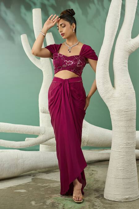 One Knot One By Ashna Wine Silk Satin Cut Work, Sequins Florence Embroidered Blouse With Draped Skirt Online at Aza Fashions One Knot One By Ashna_Wine Silk Satin Cut Work, Sequins Florence Embroidered Blouse With Draped Skirt _Online_at_Aza_Fashions