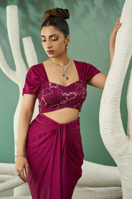 Buy One Knot One By Ashna Wine Silk Satin Cut Work, Sequins Florence Embroidered Blouse With Draped Skirt Online at Aza Fashions Buy_One Knot One By Ashna_Wine Silk Satin Cut Work, Sequins Florence Embroidered Blouse With Draped Skirt _Online_at_Aza_Fashions