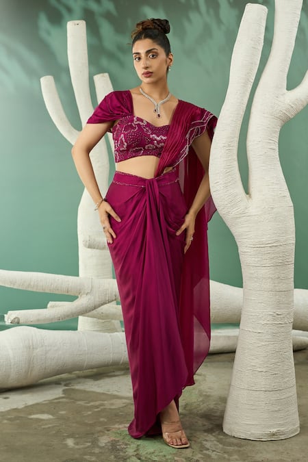 One Knot One By Ashna Wine Silk Satin Embroidery Zari Sweetheart Florence Blouse Draped Skirt Set 