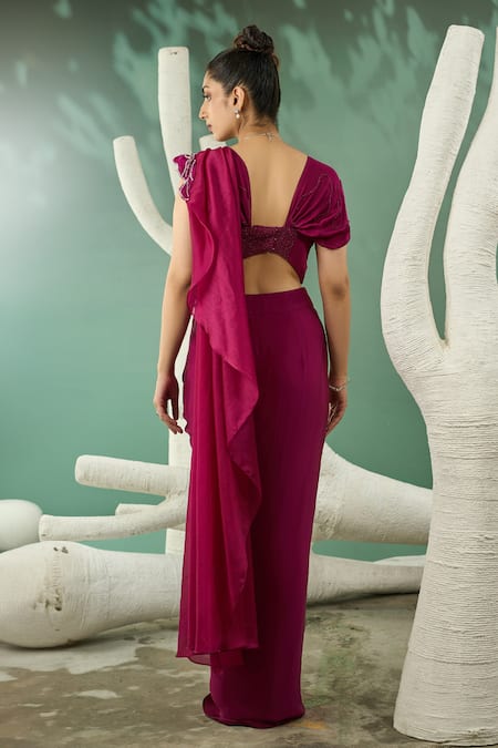 Shop One Knot One By Ashna Wine Organza, Crepe, Silk Satin Cut Florence Embroidered Blouse Draped Skirt Set at Aza Fashions Shop_One Knot One By Ashna_Wine Organza, Crepe, Silk Satin Cut Florence Embroidered Blouse Draped Skirt Set _at_Aza_Fashions