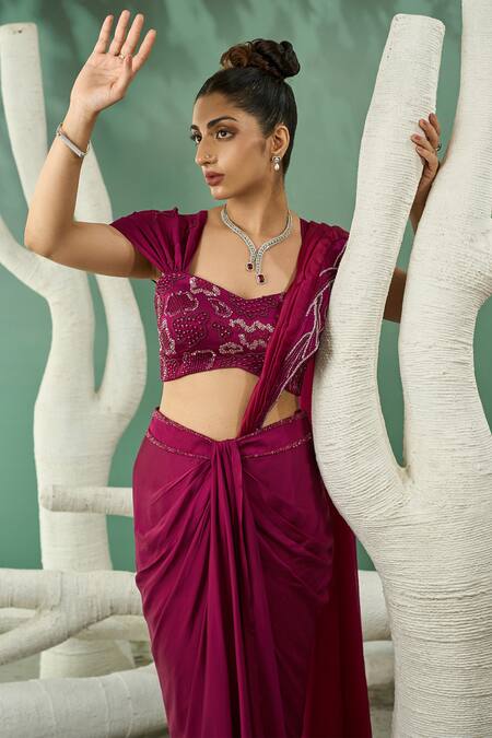 Buy One Knot One By Ashna Wine Organza, Crepe, Silk Satin Cut Florence Embroidered Blouse Draped Skirt Set Online at Aza Fashions Buy_One Knot One By Ashna_Wine Organza, Crepe, Silk Satin Cut Florence Embroidered Blouse Draped Skirt Set _Online_at_Aza_Fashions