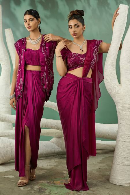 Shop One Knot One By Ashna Wine Organza, Crepe, Silk Satin Cut Florence Embroidered Blouse Draped Skirt Set Online at Aza Fashions Shop_One Knot One By Ashna_Wine Organza, Crepe, Silk Satin Cut Florence Embroidered Blouse Draped Skirt Set _Online_at_Aza_Fashions