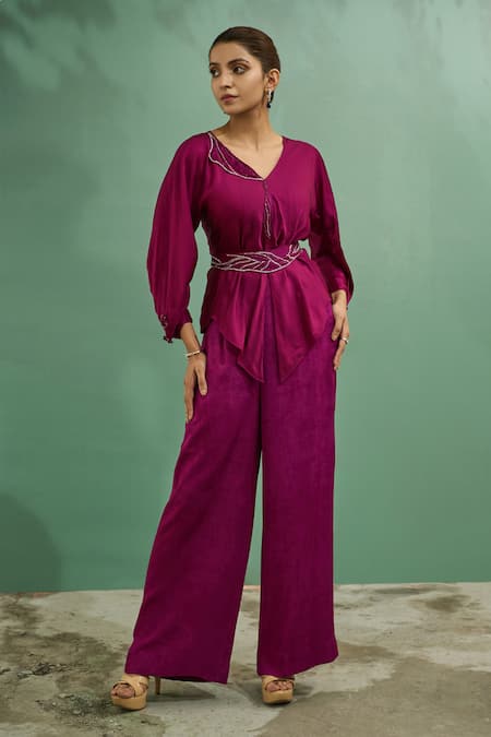 One Knot One By Ashna Wine Silk Satin Embroidery Resham V Neck Swerve Wave Top Pant Set 