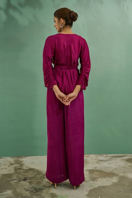 Shop One Knot One By Ashna Wine Georgette, Silk Satin Cut Work, Embroidery, Beads Swerve Wave Top Pant Set at Aza Fashions Shop_One Knot One By Ashna_Wine Georgette, Silk Satin Cut Work, Embroidery, Beads Swerve Wave Top Pant Set_at_Aza_Fashions