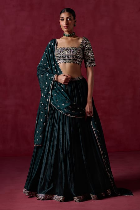 LASHKARAA Green Satin Embroidered Sequin Square Blouse Lehenga Set 