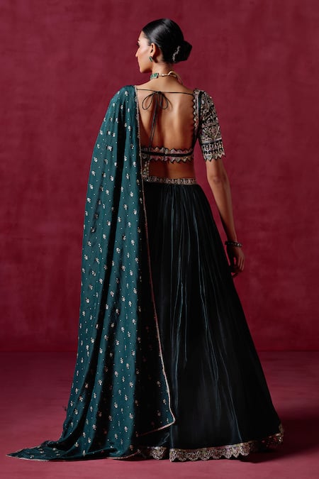 Shop_Lashkaraa_Green Satin, Crepe Sequins, Zari, Embroidery Square Neck Blouse Lehenga Set_at_Aza_Fashions
