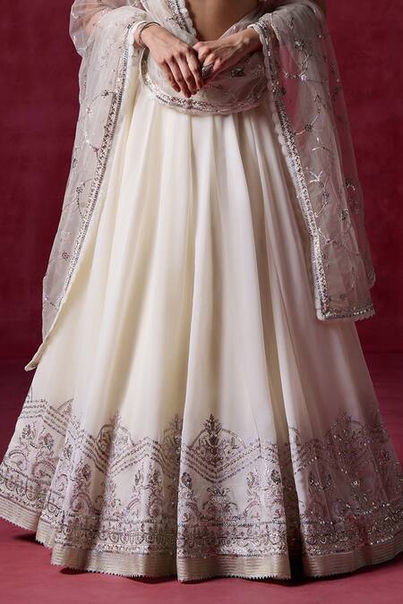 Lashkaraa_Ivory Georgette, Net, Satin Zari, Sequins Plunge Neck Embroidered Lehenga Set_Online_at_Aza_Fashions
