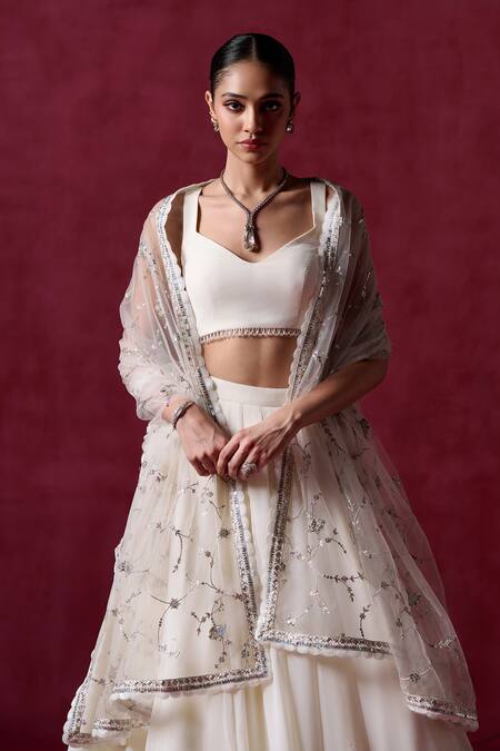 Buy_Lashkaraa_Ivory Georgette, Net, Satin Zari, Sequins Plunge Neck Embroidered Lehenga Set_Online_at_Aza_Fashions