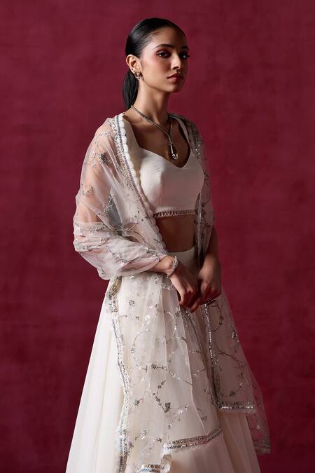 Shop_Lashkaraa_Ivory Georgette, Net, Satin Zari, Sequins Plunge Neck Embroidered Lehenga Set_Online_at_Aza_Fashions