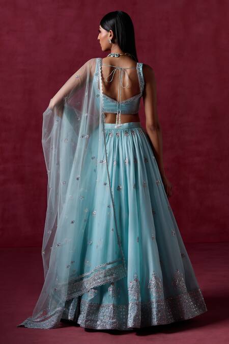 Lashkaraa_Blue Crepe Embroidered Zari Leaf Lehenga Blouse Set _Online_at_Aza_Fashions